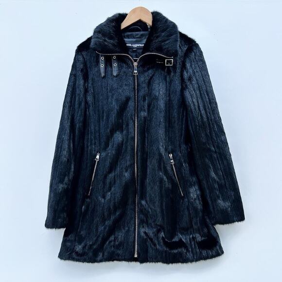 Karl Lagerfeld Paris Faux Fur Buckle Neck Jacket Coat Small Long Collar Black